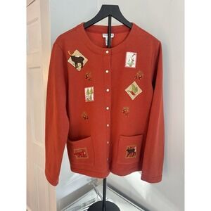 Breckenridge Burnt Orange Embroidered Cardigan L Moose‎ Bird Pinecone Rustic